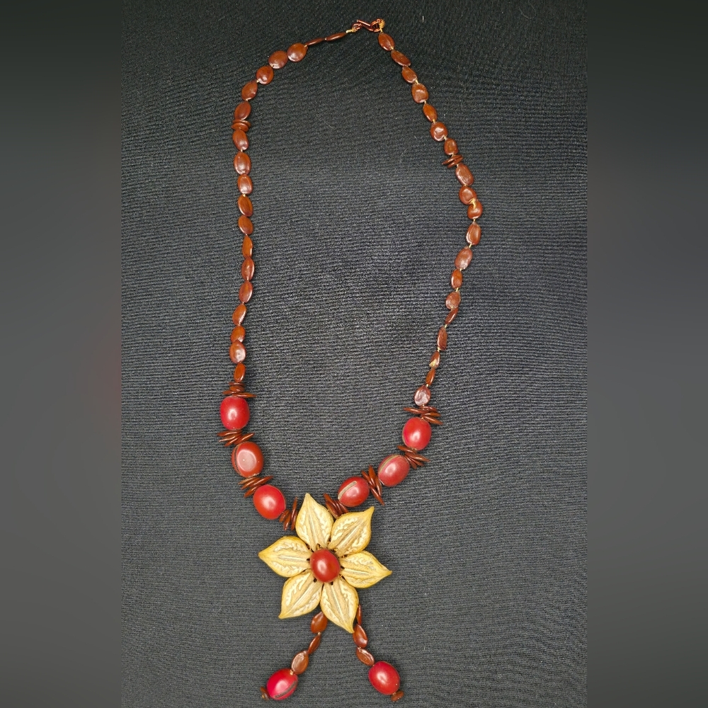 Source Unknown Boho Natural Seed & Floral Pendant Necklace | Earthy Red & Orange